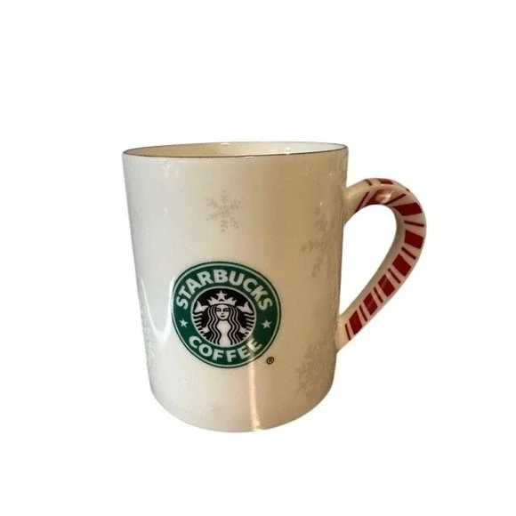 Starbucks Vintage 2001 Candy Cane Handle Mug White Snowflake Christmas Coffee - Picture 1 of 5